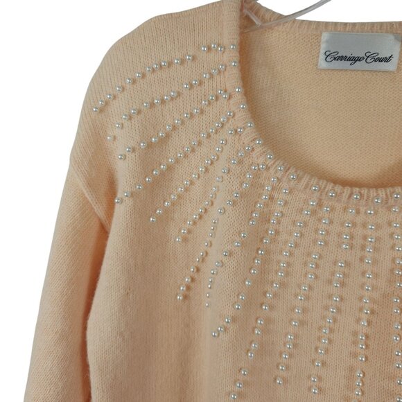 Warm Soft Peach Tight Knit Bedazzled Grandma Core Preppy Retro Cozy Sweater S - Picture 3 of 10
